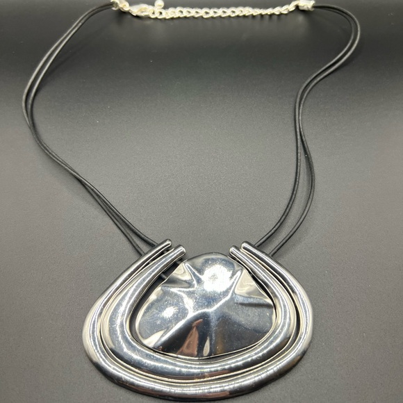 Chico's Jewelry - CHICOS Chunky Silver Tone Medallion on Black Leather Necklace